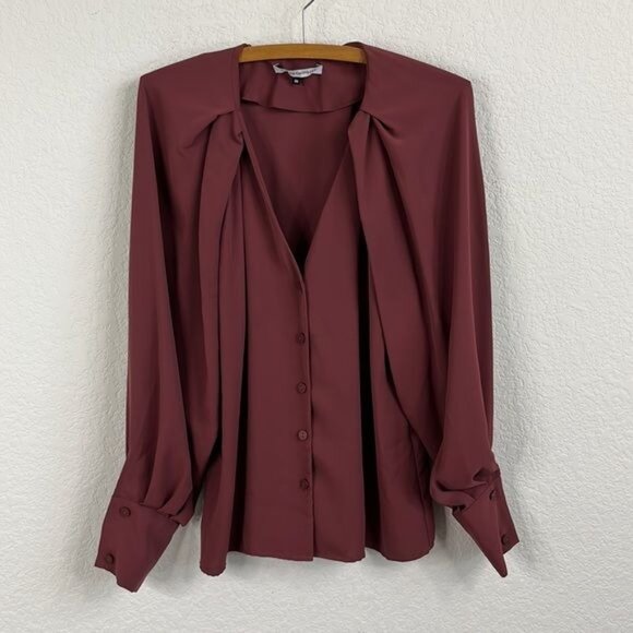 Adolfo Dominguez Draped Pleated Sleeve V Neck Button Blouse - Picture 2 of 6